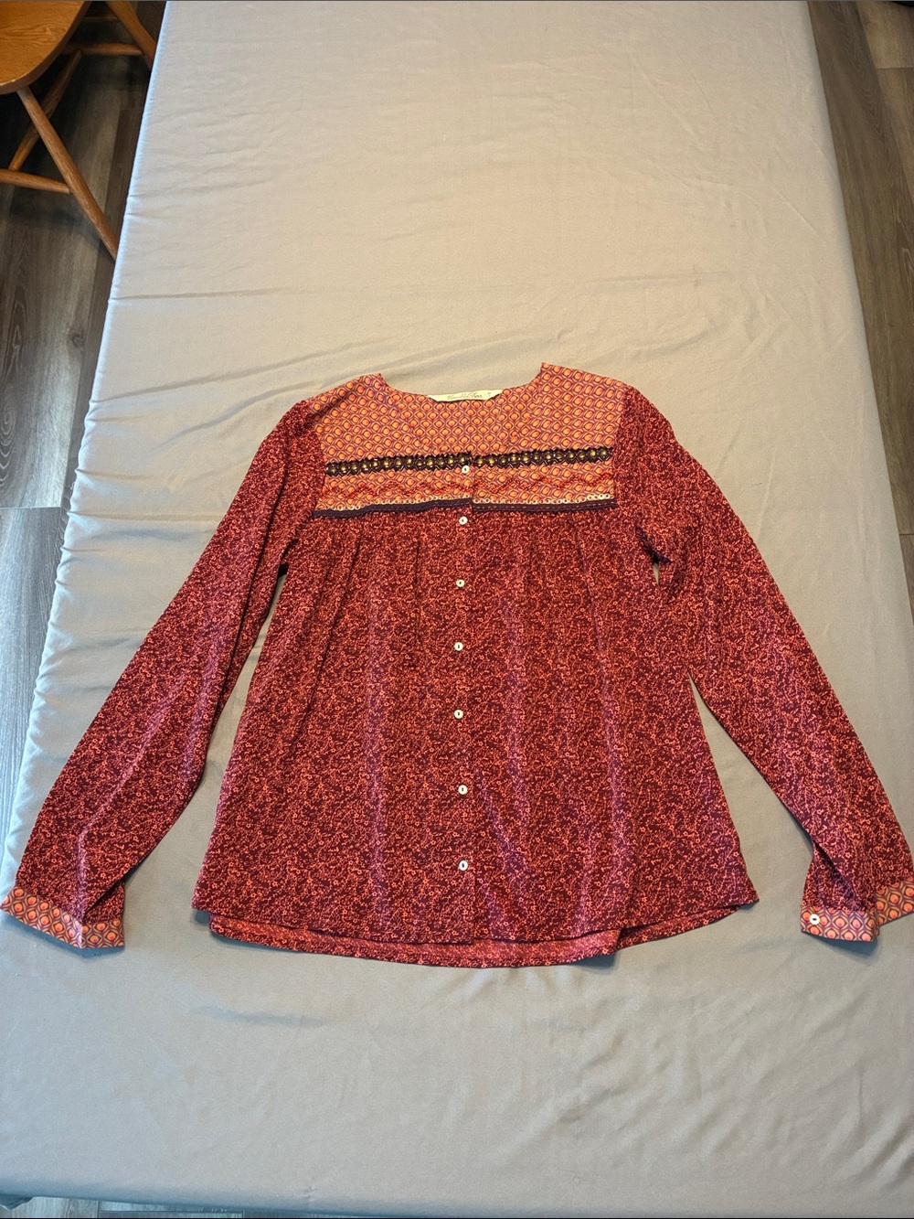 Vanilla Star Red Printed Button-Front Tunic with Patterned Yoke